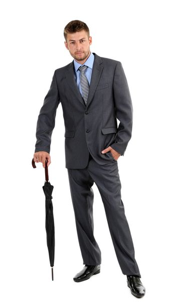 Businessman with umbrella, isolated on white - 写真・画像