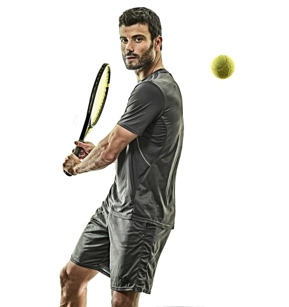 mature tennis player man backhand isolated white background - Fotoğraf, Görsel