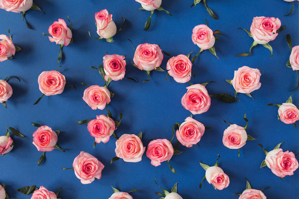 Lapos feküdt keret határ üres másolás tér mockup készült rózsaszín rózsa virág rügyek kék alapon. Top view virágos koncepció. - Fotó, kép