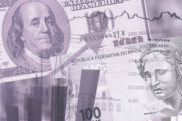 100-Reais-Schein, brasilianisches Geld, in der Finanzkrise. Abwertungskonzept der brasilianischen Währung, Dollar-Hoch. - Foto, Bild