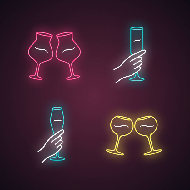 Wine service neon light icons set. Clinking wine glasses. Hands  - Vector, afbeelding