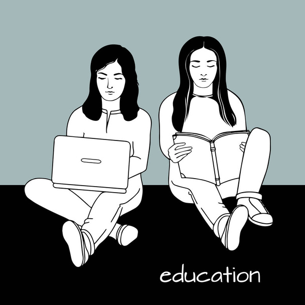 Learners with laptop and open book. Vector illustration. - Vector, imagen