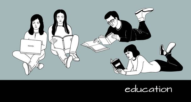 The young man and girls reads books. Vector illustration. - Vetor, Imagem
