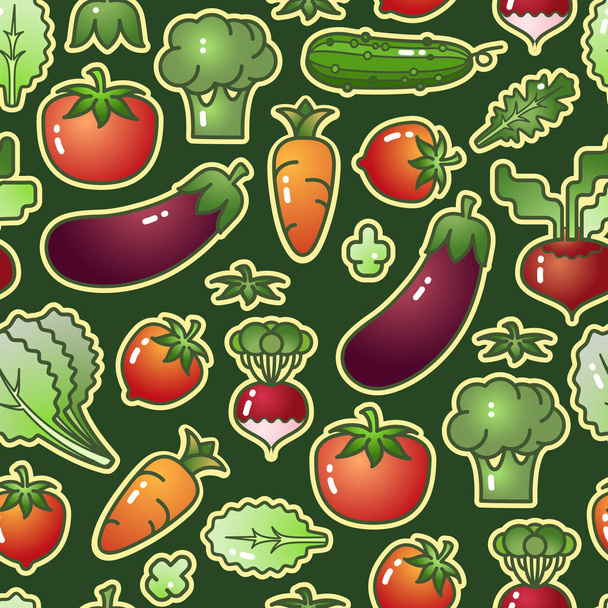 Diverse kleurrijke groenten geïsoleerd op groene achtergrond. Naadloos patroon. Vector. - Vector, afbeelding