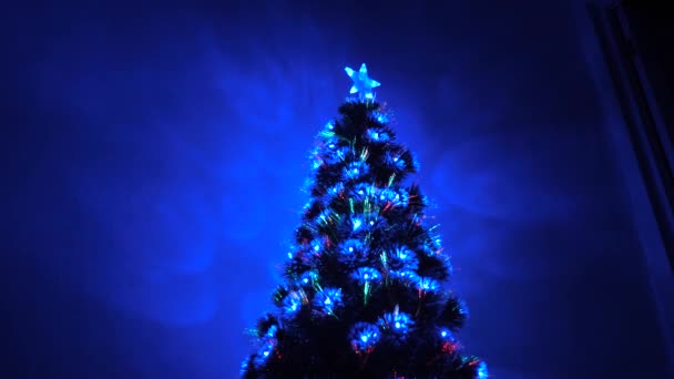 bela árvore de Natal no quarto, decorado com uma guirlanda luminosa e uma estrela. férias para crianças e adultos. Ano Novo. Árvore de Natal, boas festas. Interior de Natal
. - Filmagem, Vídeo