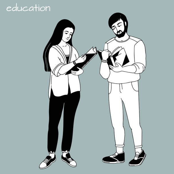 The young man and woman with open books. Vector illustration. - Vector, Image