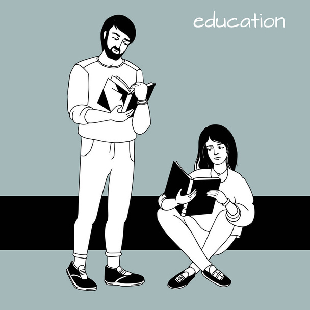 The young man and woman with open books. Vector illustration. - Vetor, Imagem