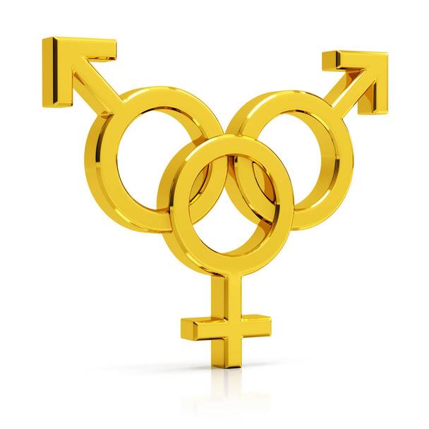 Bisexuální symbol 3d vykreslení. Zlatý bisexuální symbol izolovaný na wh - Fotografie, Obrázek