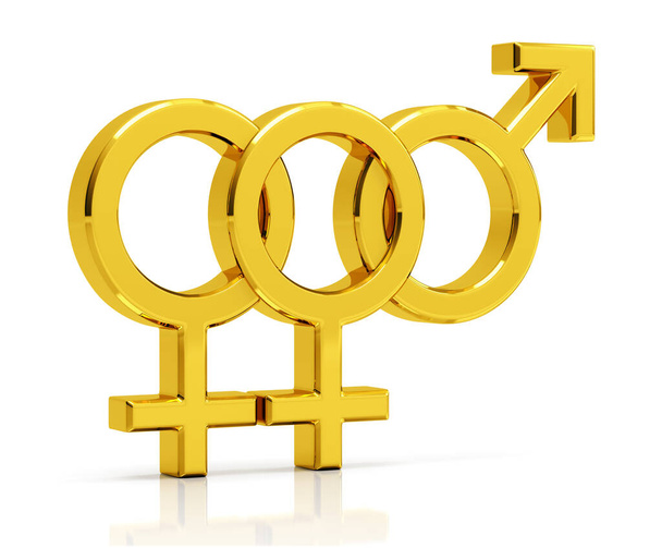 Biseksueel symbool 3d renderen. Gouden biseksueel symbool geïsoleerd op wh - Foto, afbeelding