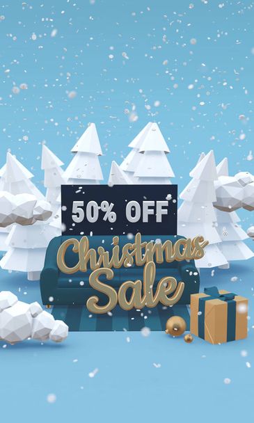 Vánoční prodej 50% sleva 3d ilustrace v kresleném stylu. Svislý obrázek s mezerou pro kopírování. - Fotografie, Obrázek