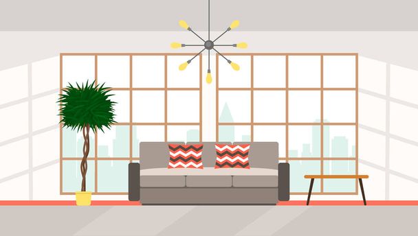 El interior de la sala de estar con grandes ventanas panorámicas con vistas a la ciudad, muebles tapizados en estilo moderno de alta tecnología
. - Vector, Imagen