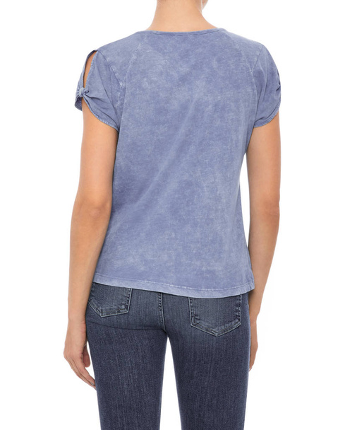 Casual grey T-shirt for men’s paired with dark blue denim and white background - Fotó, kép