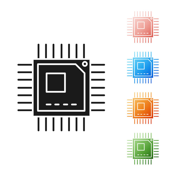 Black Computer procesor s mikroobvody Cpu ikona izolované na bílém pozadí. Čip nebo kpu se znakem obvodu. Mikroprocesor. Nastavit barevné ikony. Vektorová ilustrace - Vektor, obrázek