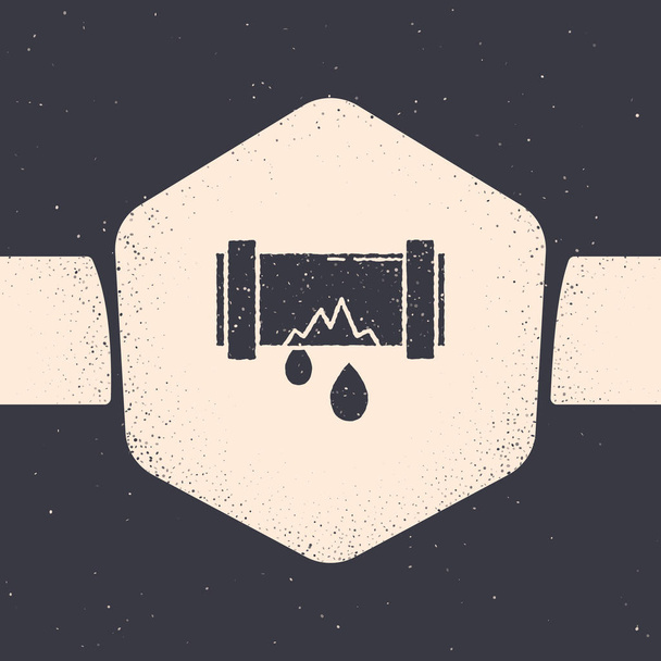 Grunge Broken metalliputki vuotava vesi ikoni eristetty harmaalla pohjalla. Yksivärinen vintage piirustus. Vektorikuvaus
 - Vektori, kuva