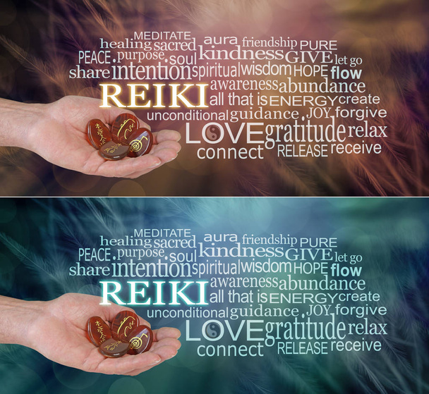 2 x männliche Reiki-Praktiker Wortwolke - männliche Hand mit vier geschnitzten Reiki-Symbolen vor einem ätherischen Hintergrund dunkler Federn, umgeben von einer Wortwolke auf Jadegrün und sattem Braun - Foto, Bild