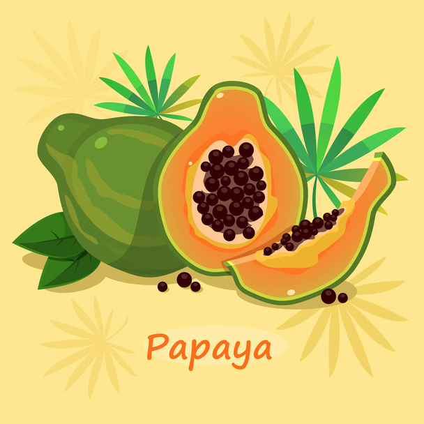 Иллюстрация папайи с зелеными листьями на желтом фоне
 - Вектор,изображение