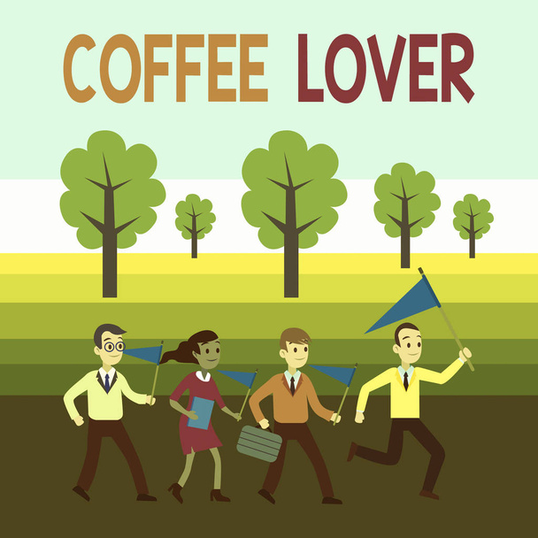 Word szöveget írni kávé szerető. Üzleti koncepció a demonstráció, aki szereti, vagy a szeretet a kávéfogyasztás emberek Crowd zászlók pennants élén Leader Running demonstrációs találkozó. - Fotó, kép