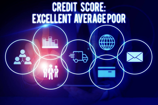 Conceptual hand writing showing Credit Score Excellent Average Poor. Business photo showcasing Level of creditworthness Rating Report Male wear formal suit presenting presentation smart device. - Photo, Image