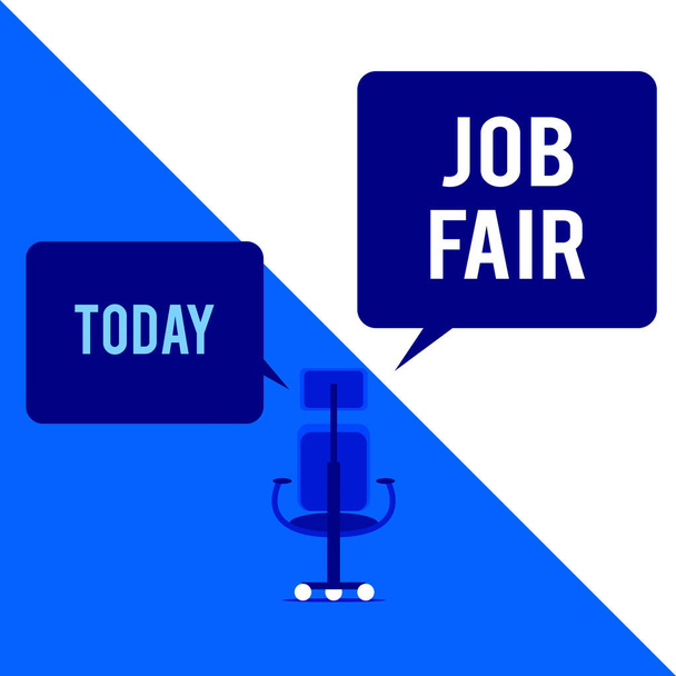 Text sign showing Job Fair. Conceptual photo An event where a demonstrating can apply for a job in multiple companies Executive chair sharing two blank square speech bubbles right left side. - Photo, Image