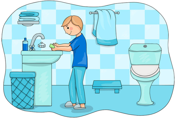 Boy washes his hands after the toilet. Children vector illustration - Vector, Image
