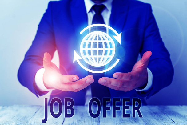 Text sign showing Job Offer. Conceptual photo A peron or company that gives opurtunity for one s is employment. - Photo, Image