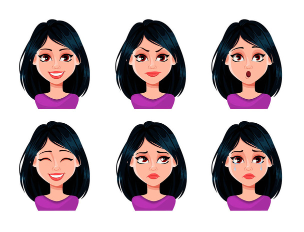 Expressions faciales de femme aux cheveux foncés
 - Vecteur, image