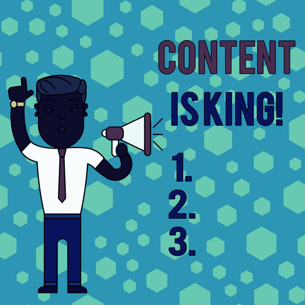 Word writing text Content Is King. Business concept for marketing focused growing visibility non paid search results Man Standing with Raised Right Index Finger and Speaking into Megaphone. - Photo, Image