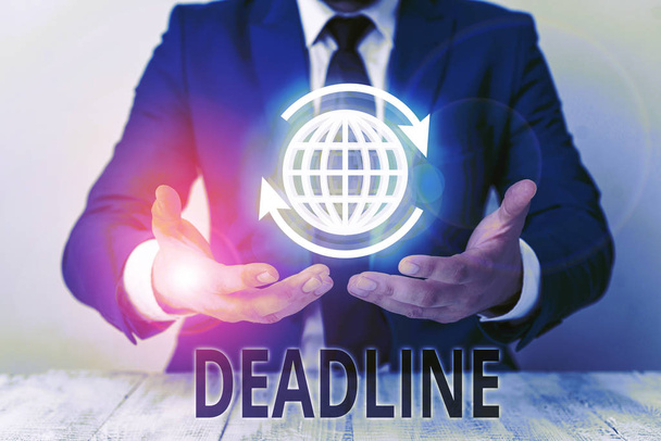 Text sign showing Deadline. Conceptual photo Period of time by which something must be finished or accomplished. - Photo, Image