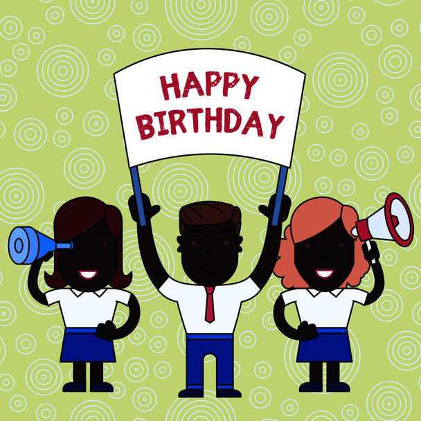 Word writing text Happy Birthday. Business concept for The birth anniversary of a demonstrating is celebrated with presents People with Blank Banner, Megaphone and Spy Glass Peaceful Demonstration. - Photo, Image