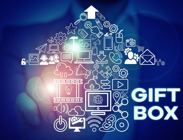 Text sign showing Gift Box. Conceptual photo A small cointainer with designs capable of handling presents Male human wear formal work suit presenting presentation using smart device. - Photo, Image