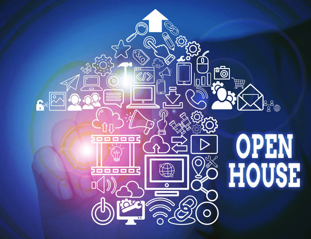 Conceptual hand writing showing Open House. Business photo showcasing you can come whatever whenever want Make yourself at home Male wear formal suit presenting presentation smart device. - Foto, afbeelding