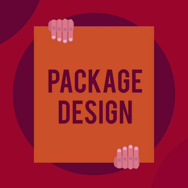 Word writing text Package Design. Business concept for Strategy in creating unique product wrapping or container Two hands holding big blank rectangle up down Geometrical background design. - Photo, Image