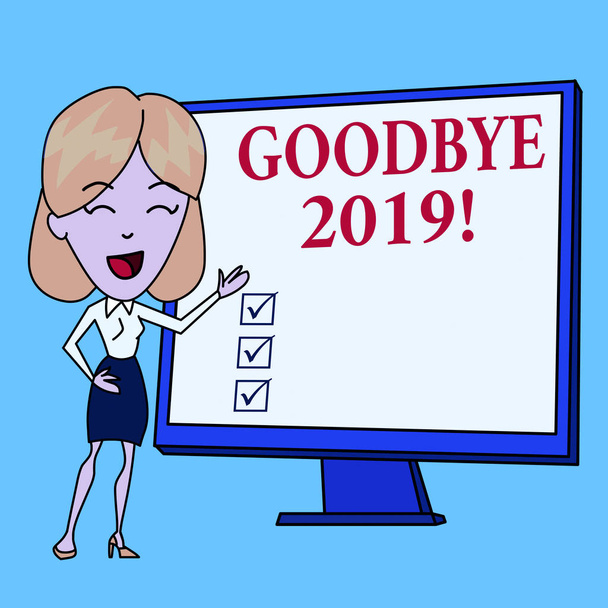 Writing note showing Goodbye 2019. Business photo showcasing express good wishes when parting or at the end of last year White Female in Standing Pointing Blank Screen Whiteboard Presentation. - Photo, Image