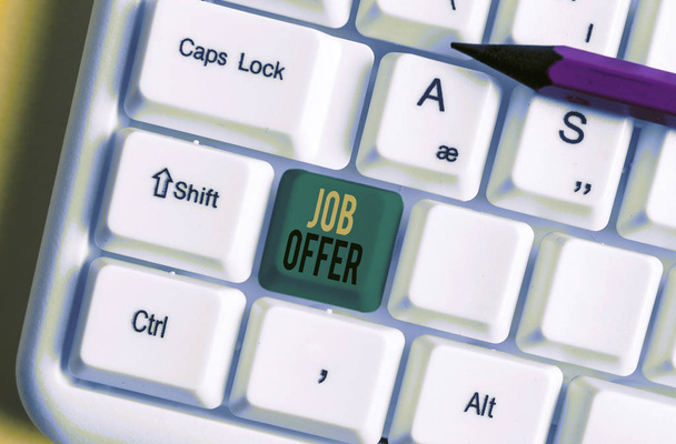Word writing text Job Offer. Business concept for A peron or company that gives opurtunity for one s is employment White pc keyboard with empty note paper above white background key copy space. - Photo, Image