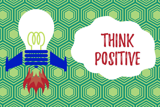 Handwriting text writing Think Positive. Concept meaning The tendency to be positive or optimistic in attitude Top view launching bulb rocket fire base. Starting new project. Fuel idea. - Photo, Image