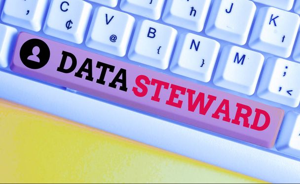 Text sign showing Data Steward. Conceptual photo responsible for utilizing an organization s is data governance White pc keyboard with empty note paper above white background key copy space. - Photo, Image