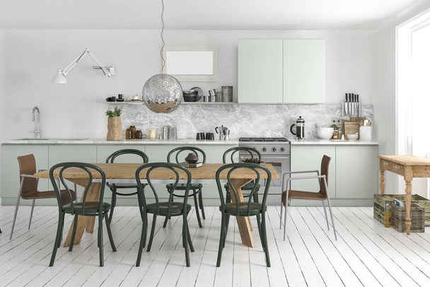3d rendering scandinavian vintage kitchen with dining table - Photo, Image