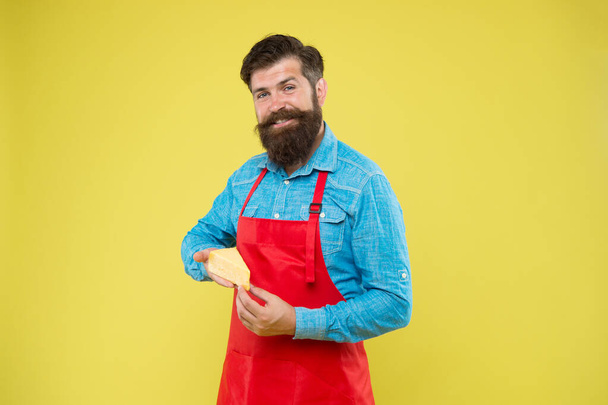 my favorite food. Gourmet product. happy bearded man hold cheese. cheesemaking techniques. cheese maker. hipster with beard in chef apron. Dairy food shop. Online shopping - Φωτογραφία, εικόνα
