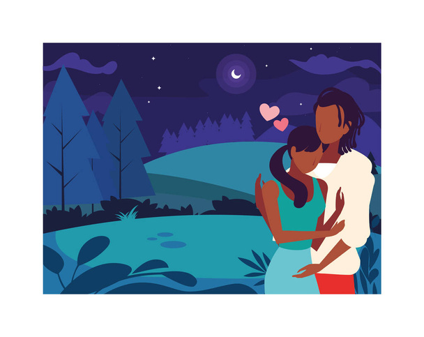 пара влюбленных гуляющих в парке с ночным пейзажем
 - Вектор,изображение