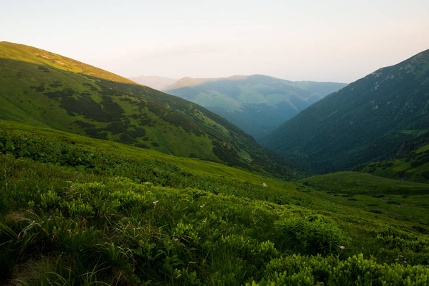Ο ήλιος που δύει λάμπει πάνω σε λόφους, όμορφα πράσινα βουνά - Φωτογραφία, εικόνα