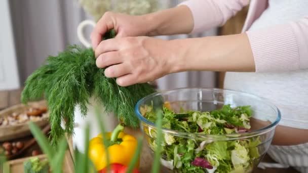 Těhotná žena přidání čerstvé bylinky do zdravé Vegan salát vaření na kuchyni. - Záběry, video