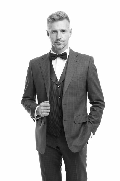 Tailored suit. Fashion shop. Rent suit service. Elegant fashion outfit for event. Gentleman modern style. Guy well groomed handsome macho wear tuxedo. Barber shop groom. Fashion clothes. Modern trend - 写真・画像