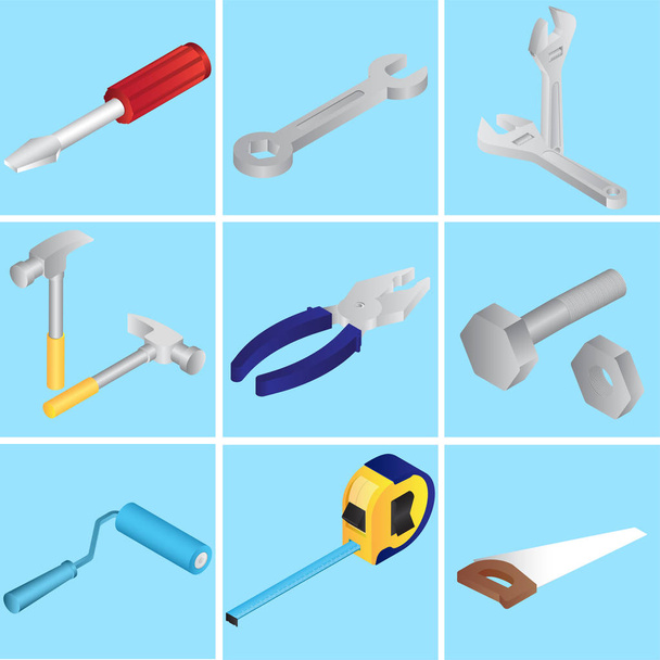 Coleção de ferramentas de reparação ou objetos em fundo azul
. - Vetor, Imagem