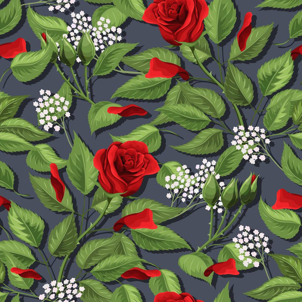 Red rose flower garden texture. Vector floral seamless pattern background - Vector, imagen