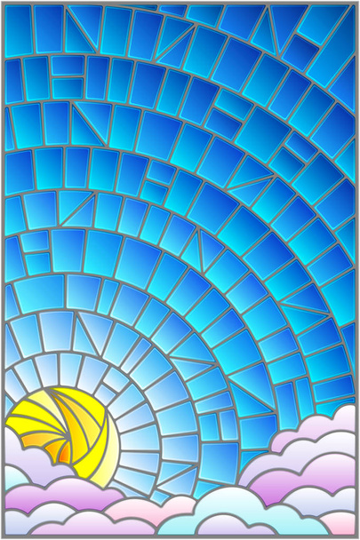 Vitray stil güneş ve mavi gökyüzü arka plan üzerinde bulutlar çizimde - Vektör, Görsel