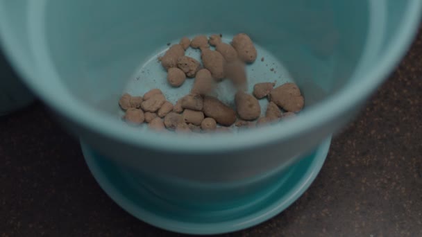 Close up of falling drainage stones and ground in blue flower pot, top view in slow motion.  - Filmati, video