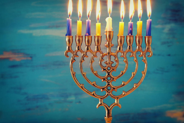 Religion image of jewish holiday Hanukkah background with menorah (traditional candelabra) and candles - Foto, Bild