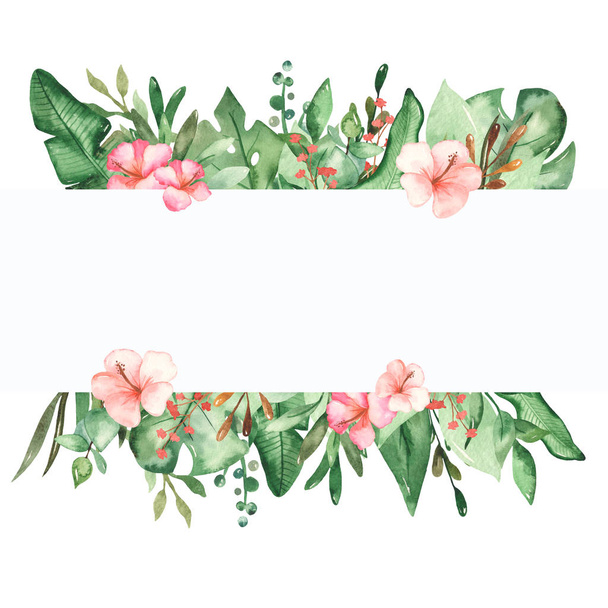 Watercolor banner with tropical leaves and flowers - Foto, Bild