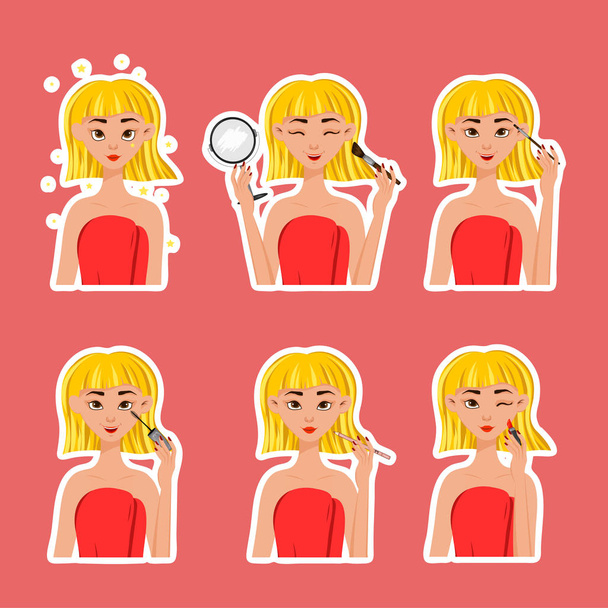 Female character with different cosmetic procedures for the face. Cartoon style. Vector illustration. - Vektor, Bild