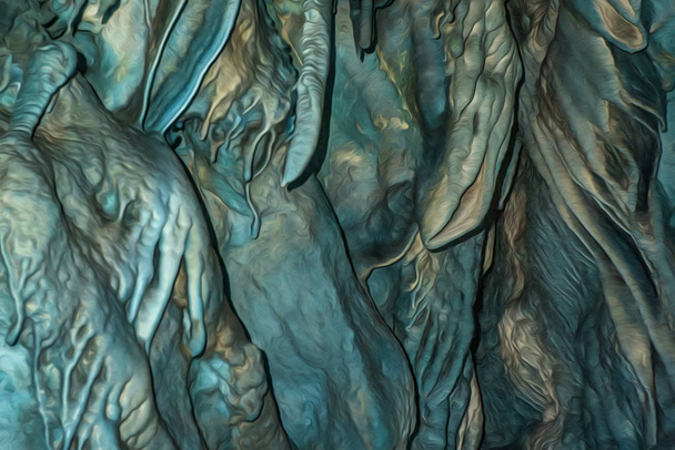 Dijital işlemedeki sarkıtlar ve dikitler ile mağaranın dokusu Giger 'in çizimlerine benzer. Pürüzsüz. Mavi ve sarı renk. Yumuşak ışık ve şekiller. - Fotoğraf, Görsel